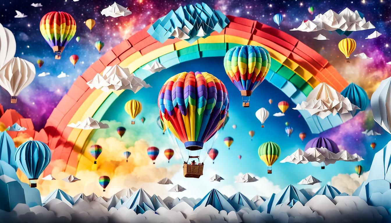 Origami Hot Air Balloon in Rainbow Galaxy Sky