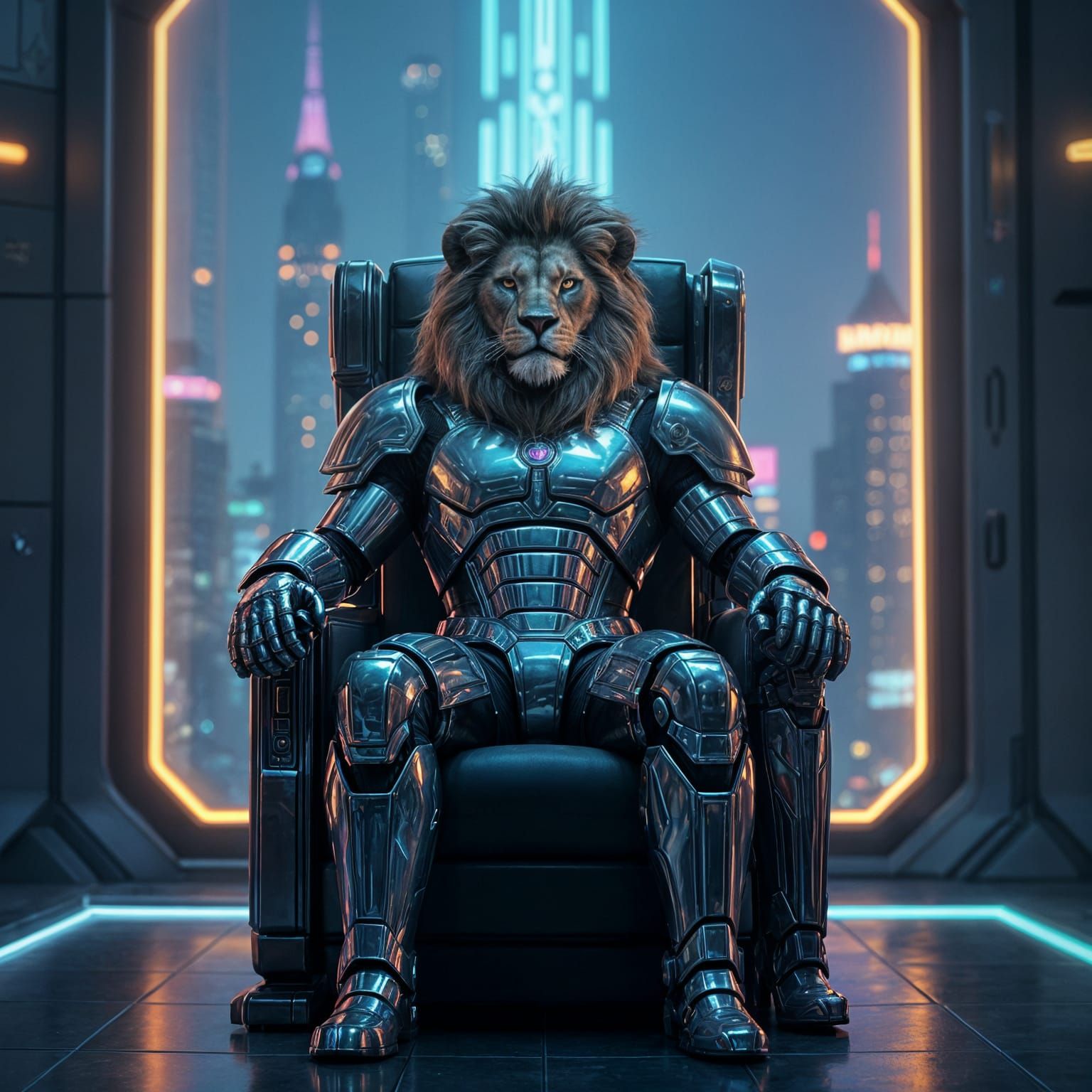 Chrome Armored Lion Overlooking Neon City