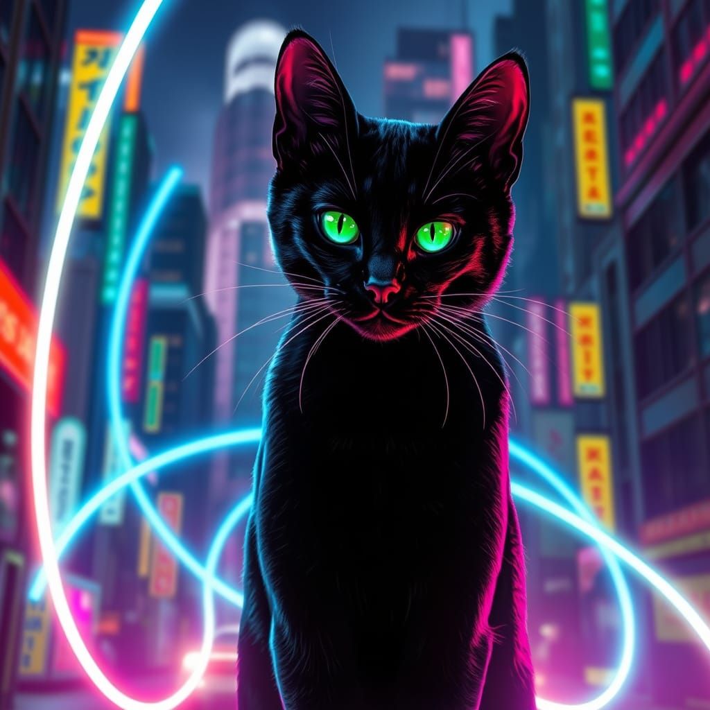 Black Cat in Neon Cyberpunk Cityscape