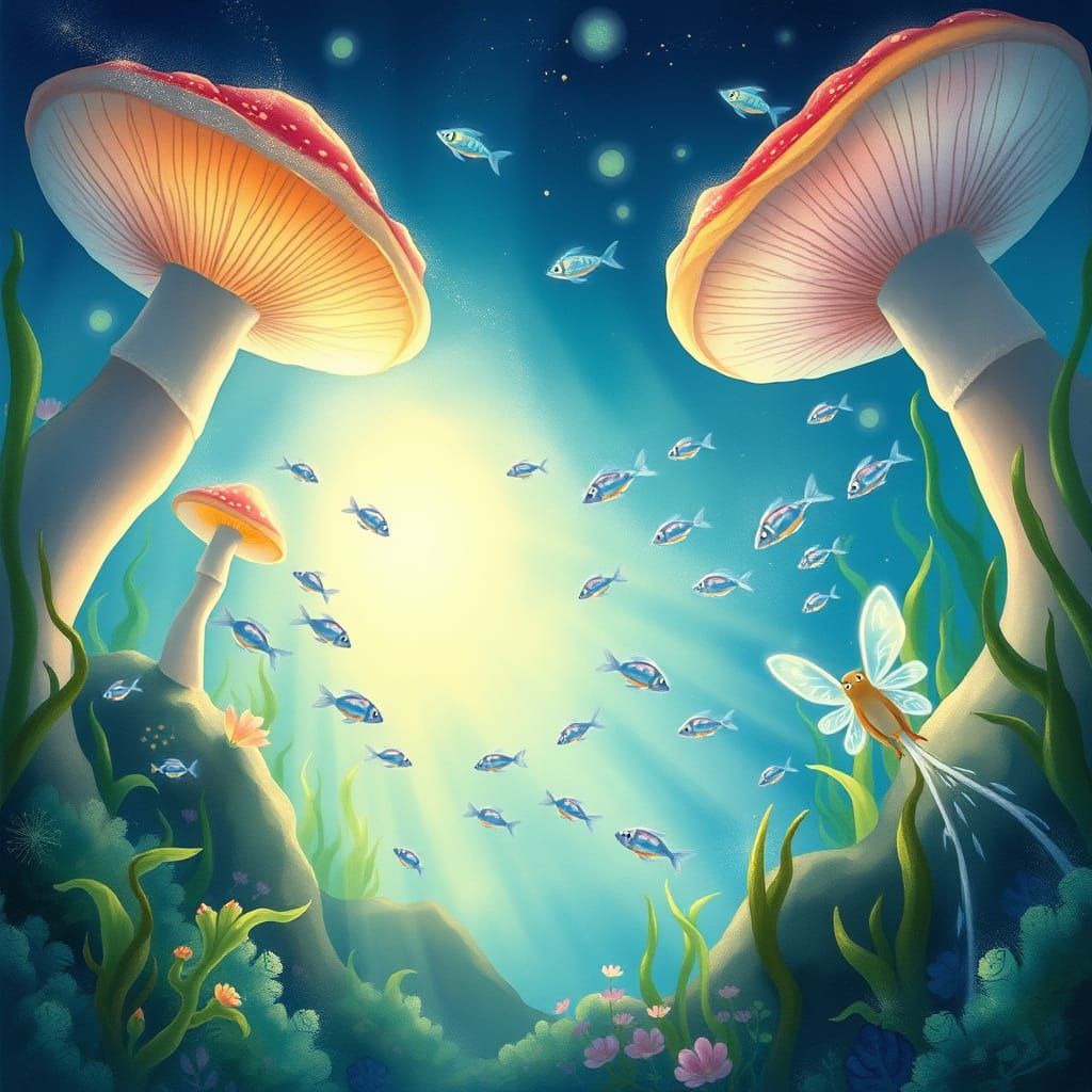 Enchanted Underwater Forest with Luminous Mushrooms and Fish