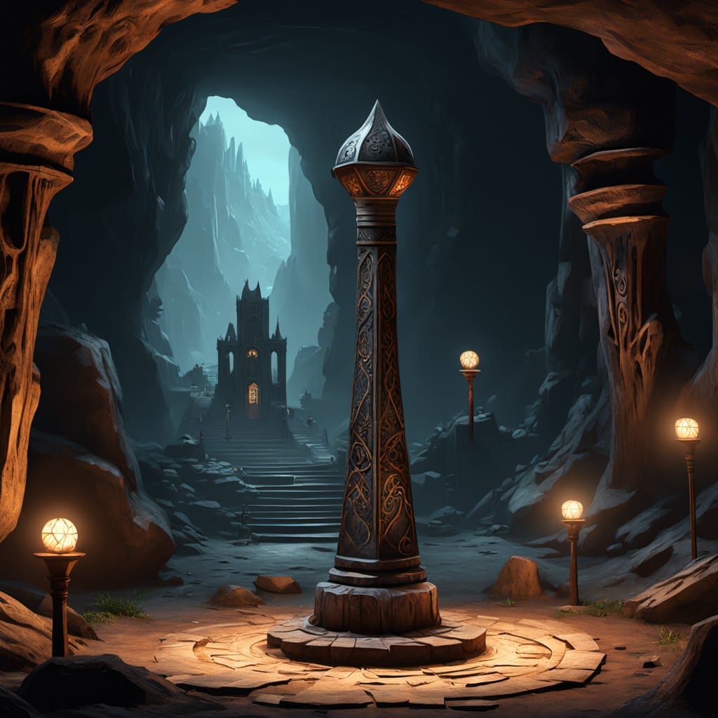 Cyberpunk Celtic Fantasy Statue in Ancient Dark Corridor