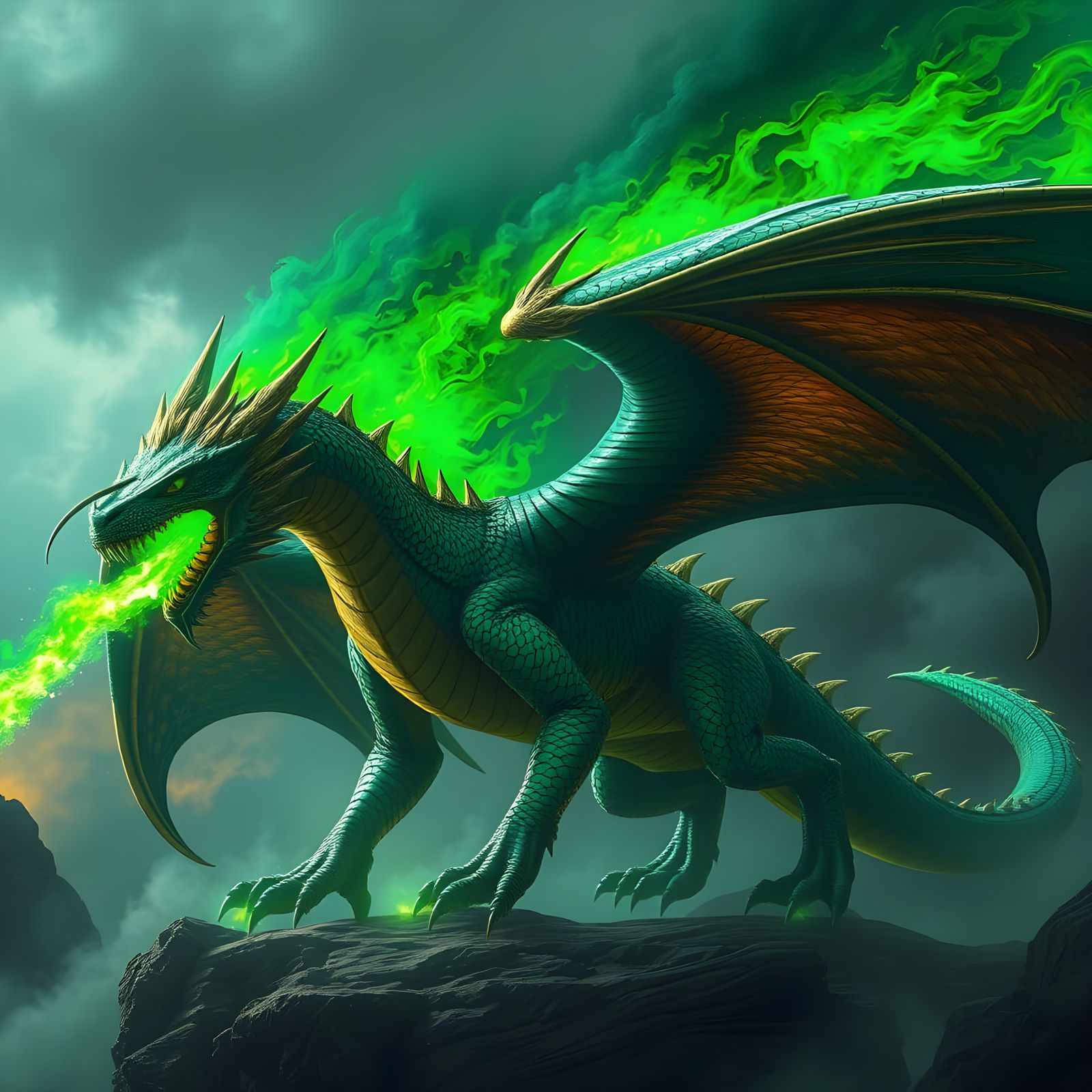 A massive winged four legged emerald and gold dragon breathing green fire