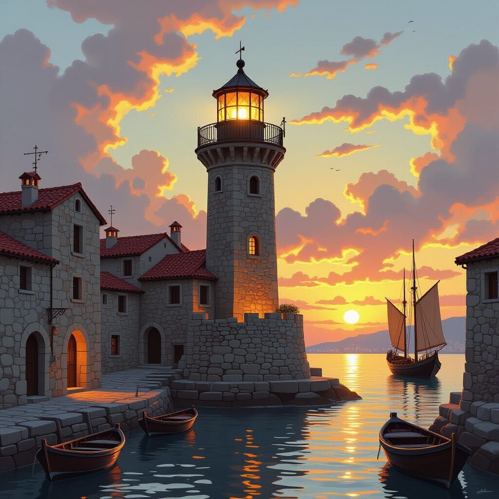 Byzantine Port City Lighthouse in the Style of Old Masters