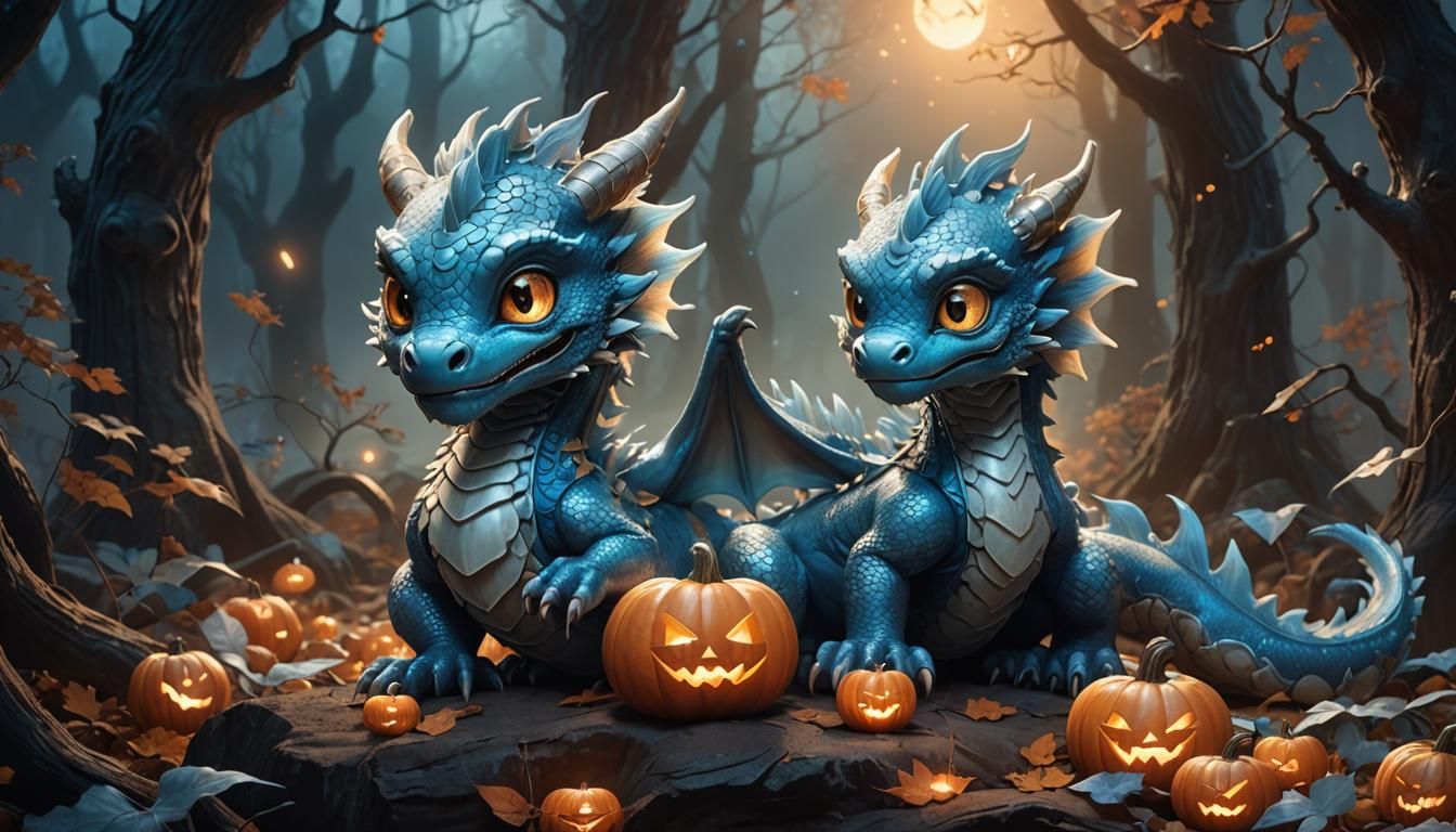 Azure Dragon in Halloween Forest: Fantasy Concept Art
