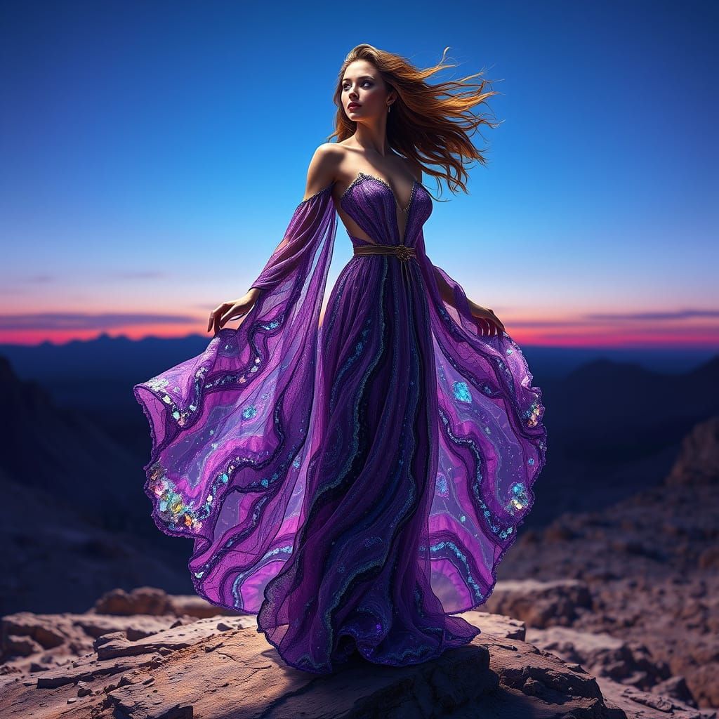 Woman in Ethereal Geode Garments on Twilight Plateau