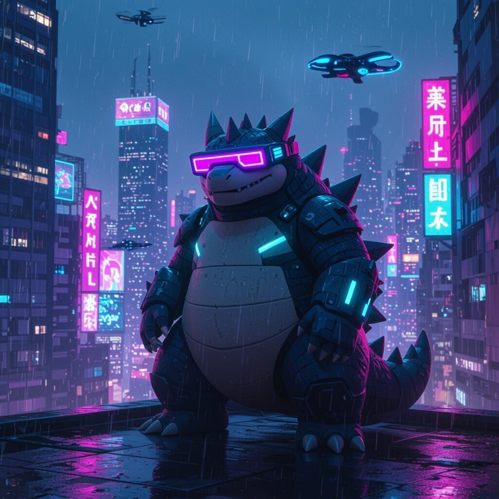 Tyranitar in Cyberpunk Cityscape with Neon Lights
