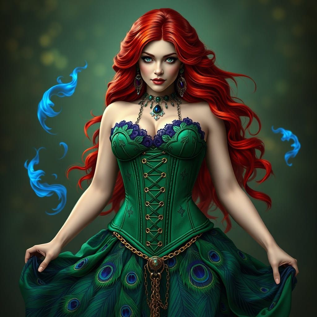 Fantasy Portrait of a Red-Haired Woman in Opulent Green and...