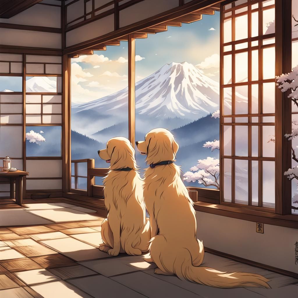 Golden Retrievers in Anime Style Japanese House