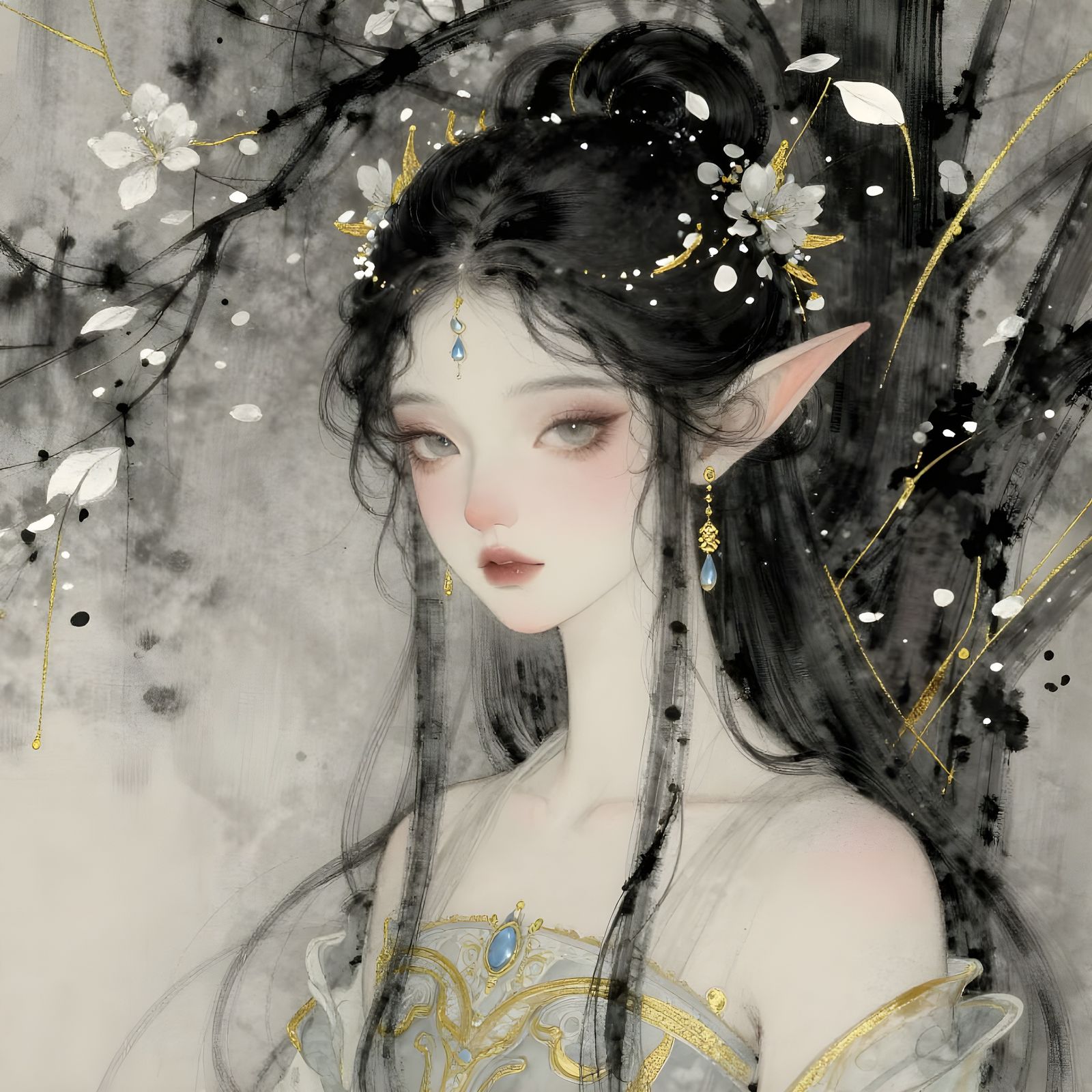 Solarpunk Elf Princess with Black Tree and White Petals