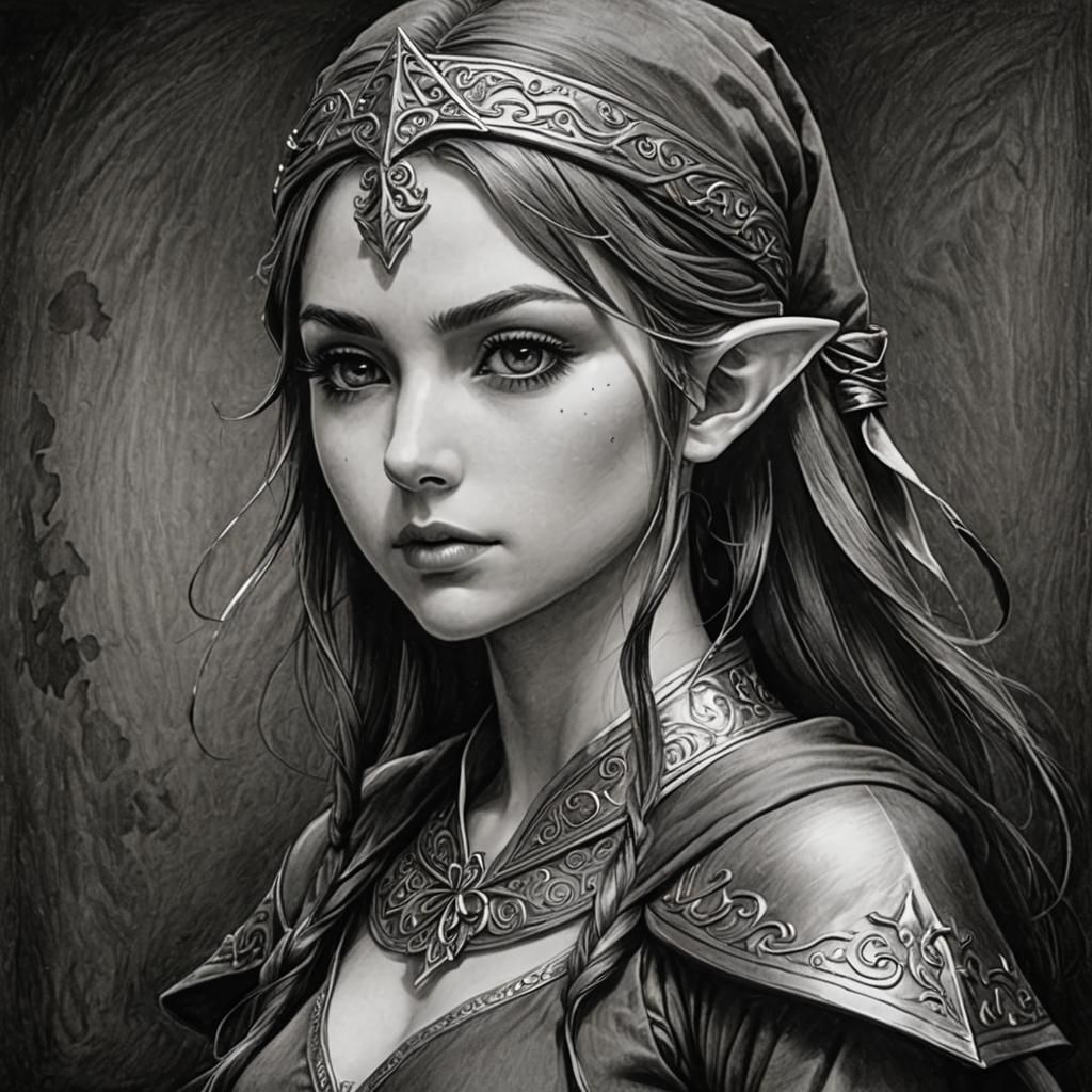 Anime Charcoal Drawing of Blindfolded Female Elf