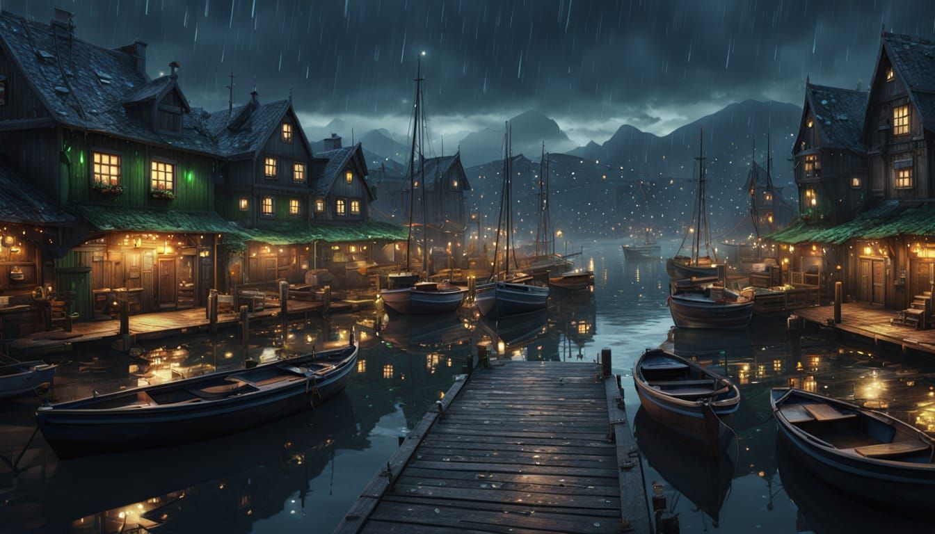 Rainy Harbor Scene in Detailed Matte Painting
