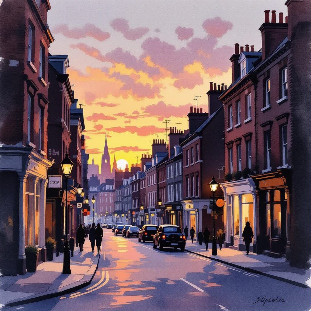 Greenwich Village Street at Sunset in Sumi-e Style