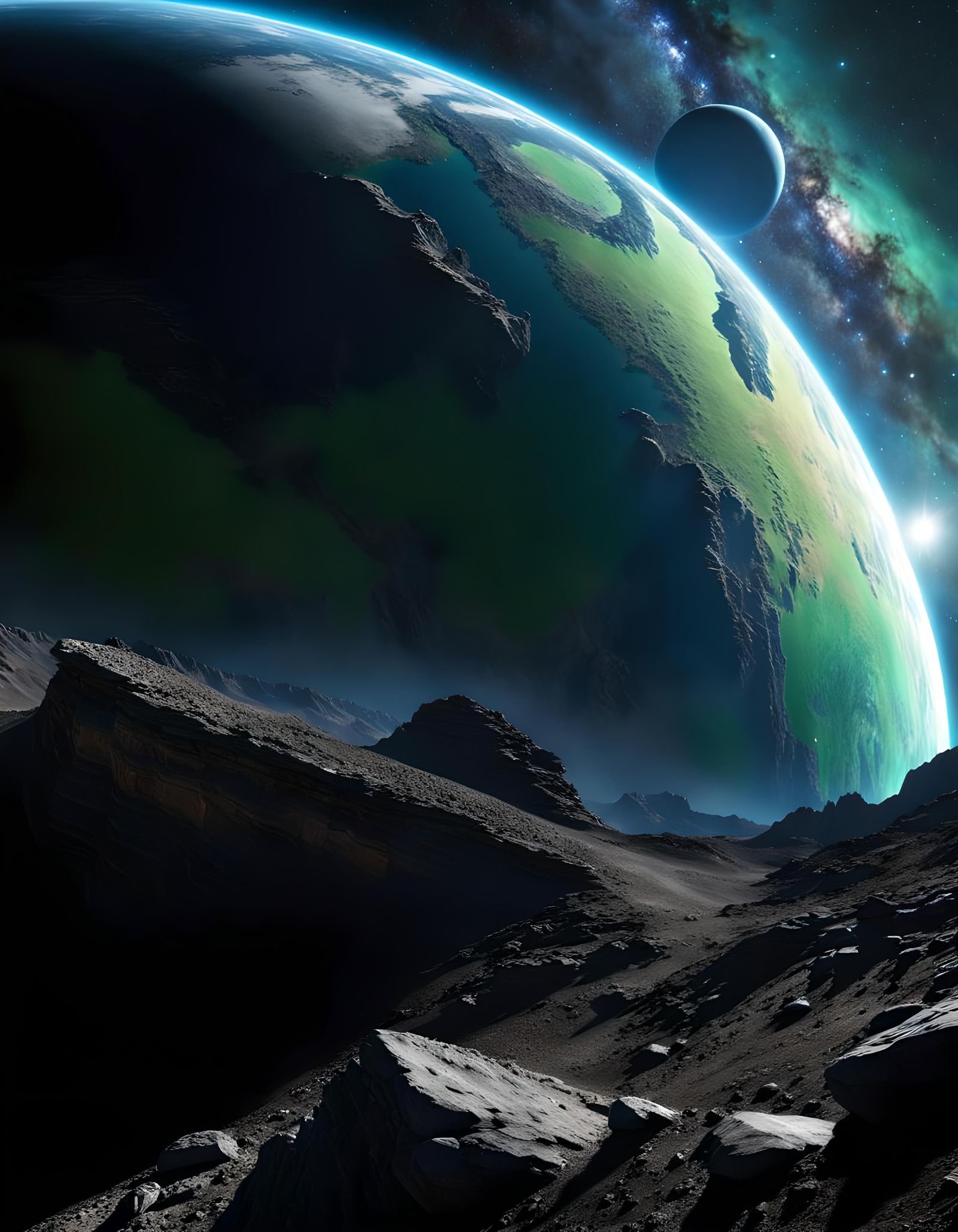 Spectacular Earth-like Planet Rising Over Lunar Terrain