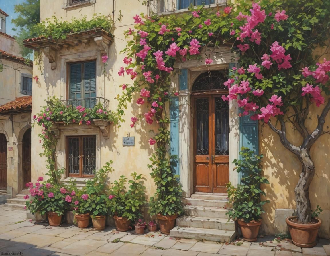 Renaissance House with Bougainvillea: An Oil Painting