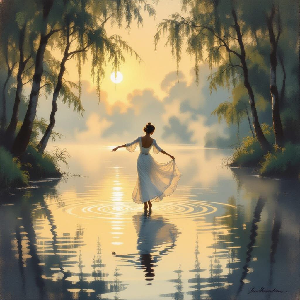 Impressionist Dancer on Misty Island at Dawn