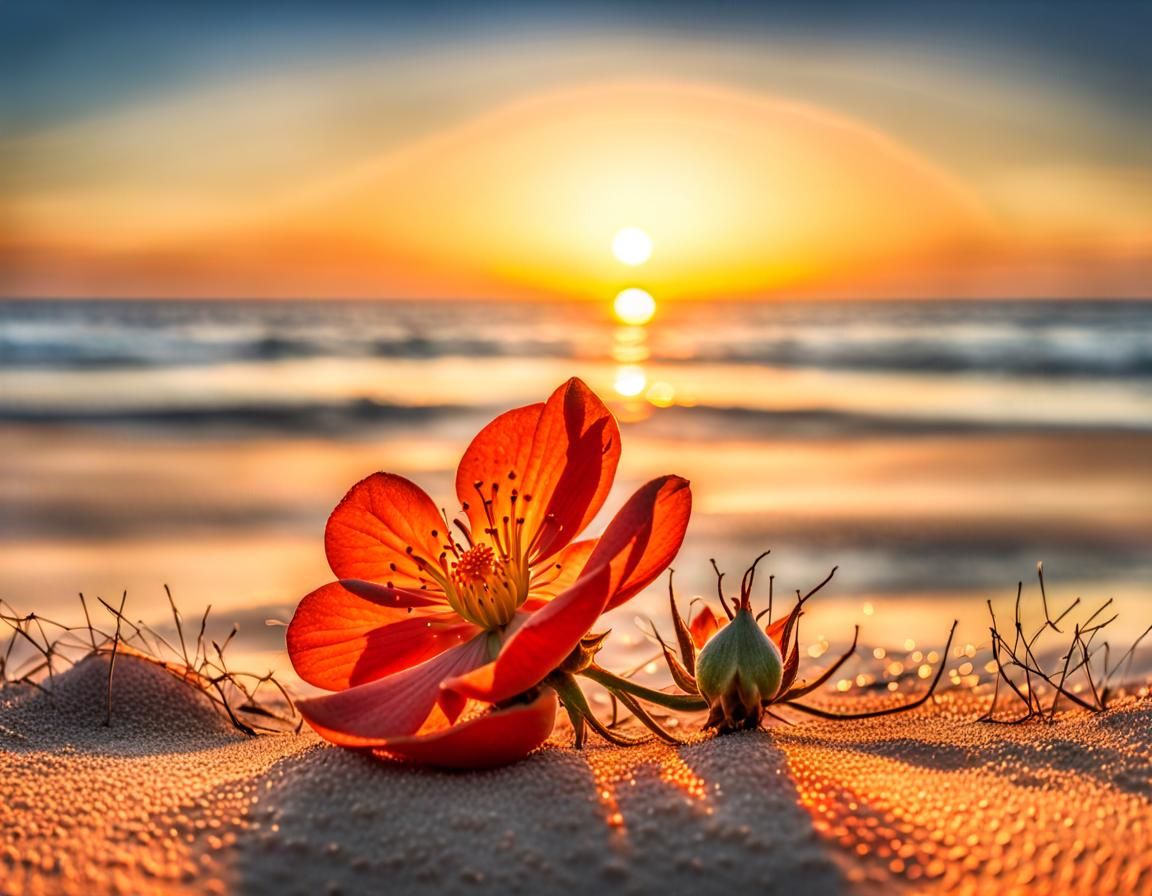 Calm Sunset Over Sea with Rosehip Flower