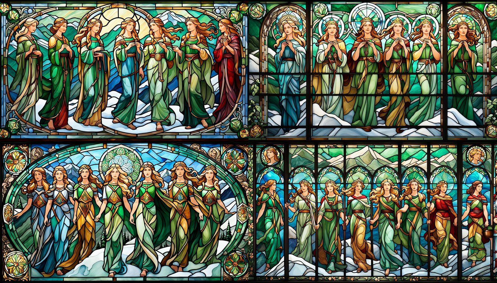 Stained Glass of Nordic Healing Goddesses in Mucha Style