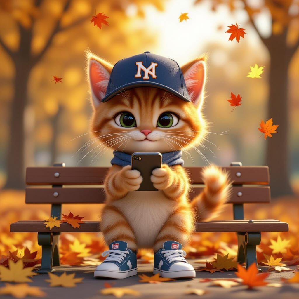 Cute Ginger Kitten in Autumn Park with Phone, Pixar Style