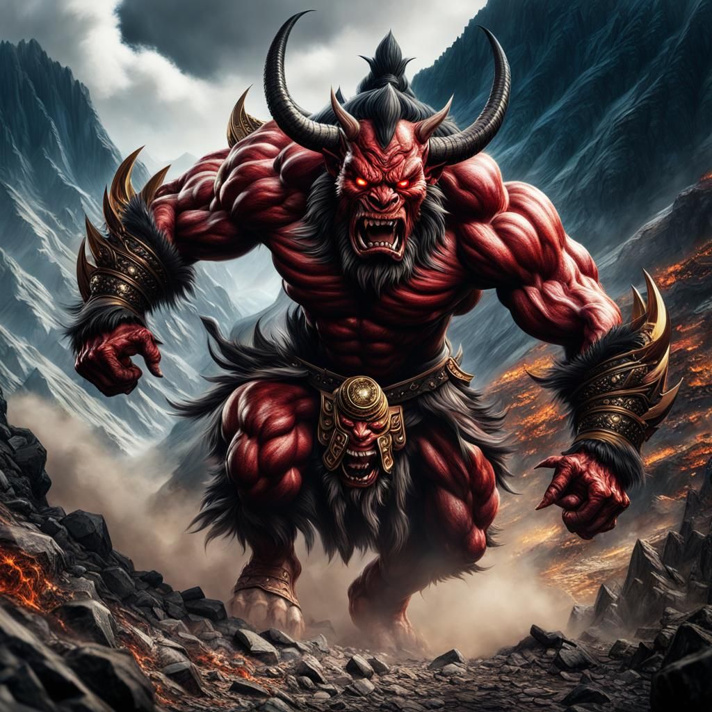 Muscular Oni Army Descends Mountain: Hyperrealistic Digital ...