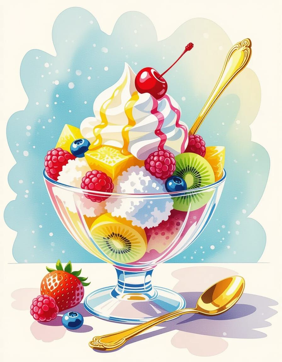 Rainbow Shaved Ice in Watercolor Style