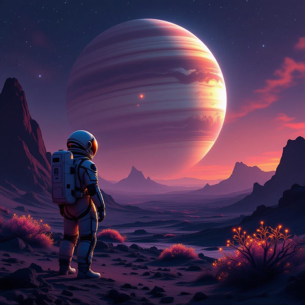 Astronaut Gazes at Alien Planet's Gas Giant in Hyperrealisti...