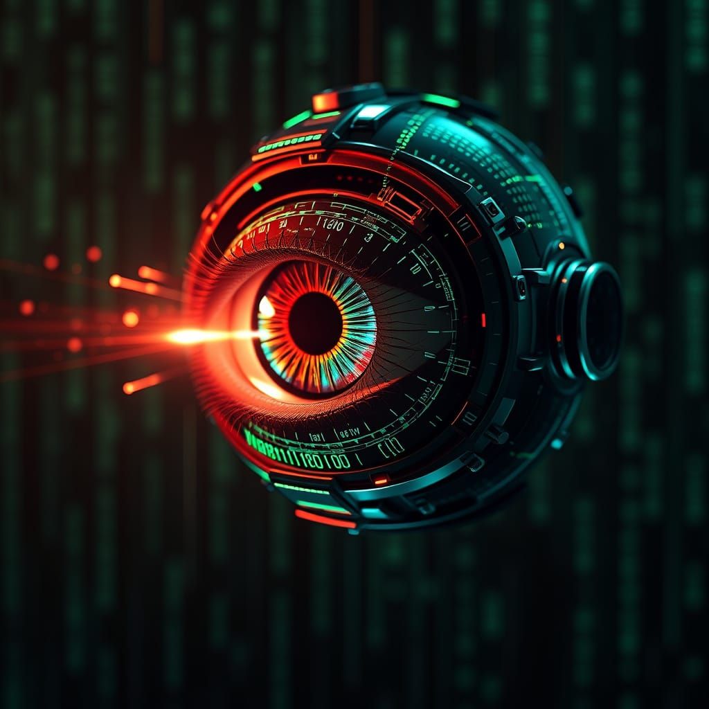 Cyborg Eye Levitates Through Matrix Code