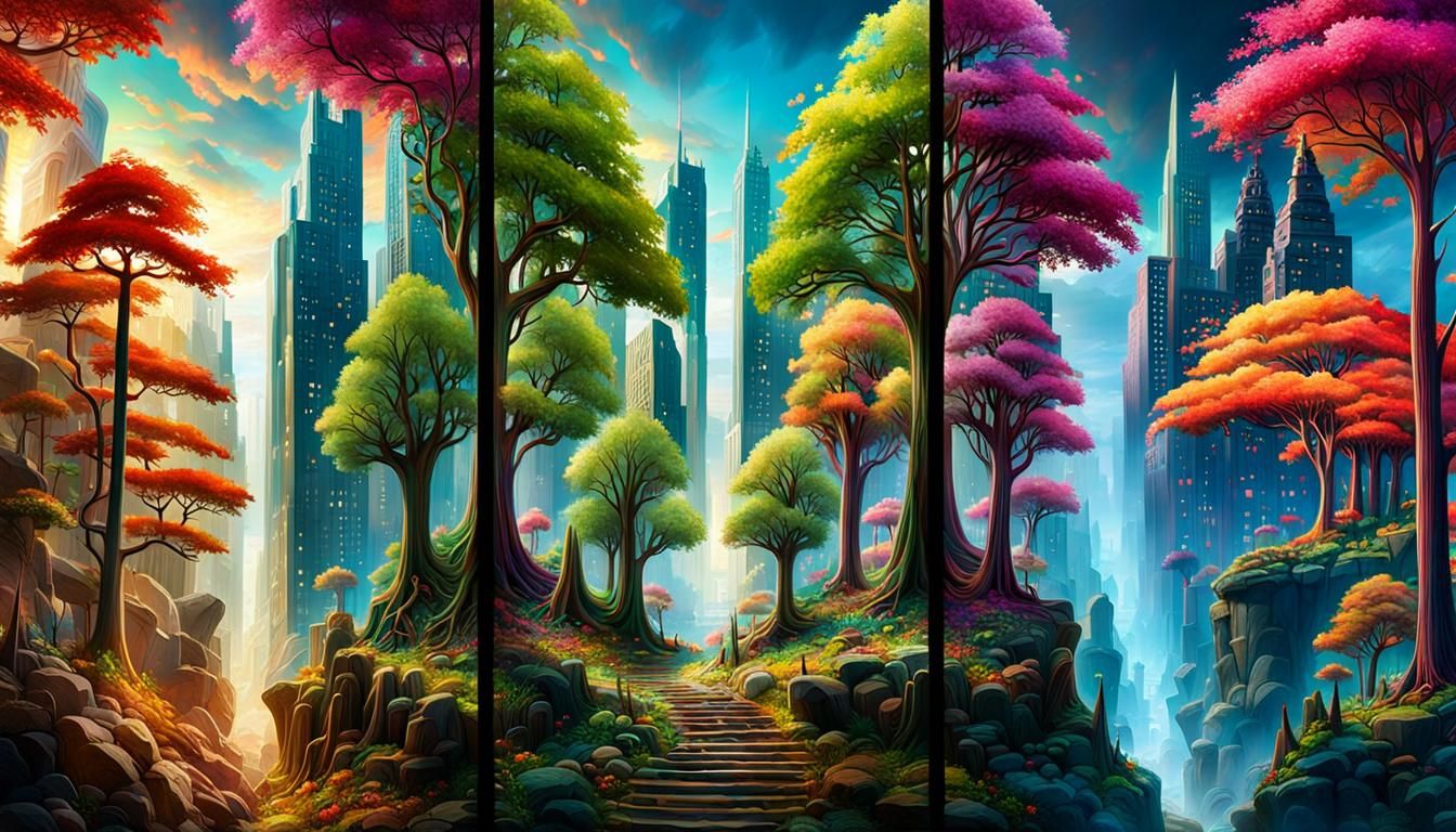 Fantastical Forest City Split-Screen Masterpiece