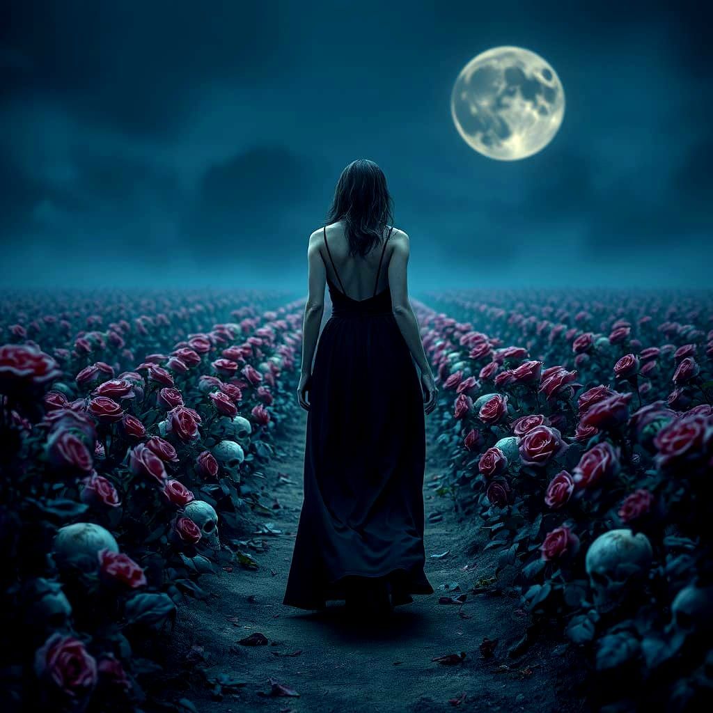 Sinister Rose Field with Skulls at Night