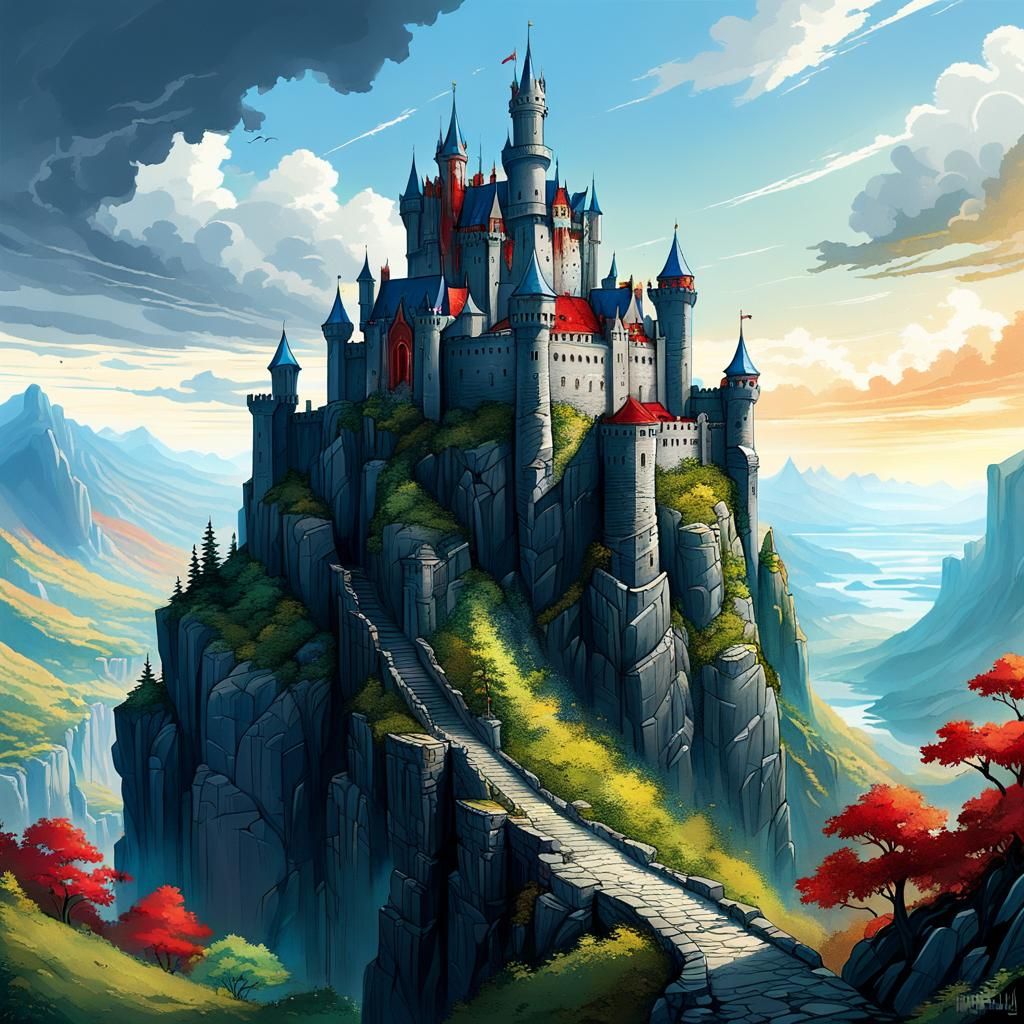 Majestic Castle Overlooking Kingdom: Fantasy Illustration