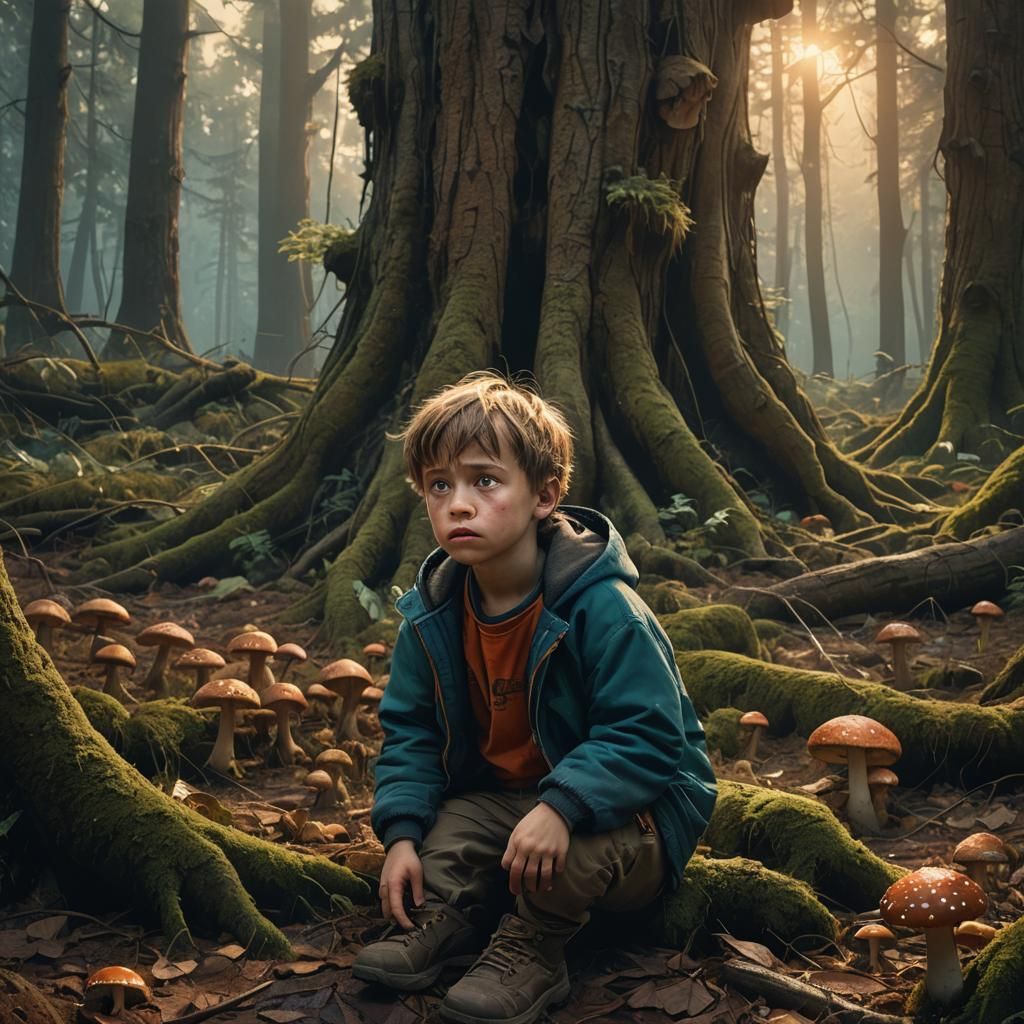 Sad Boy in Mystical Forest, Digital Art