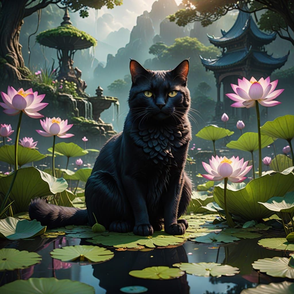 Enchanted Cat Reigns Over Mystical Lotus Pond