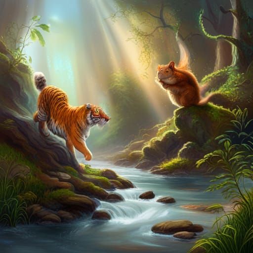 Tiger Lady and Squirrel Shower Serenade in Rembrandt Style