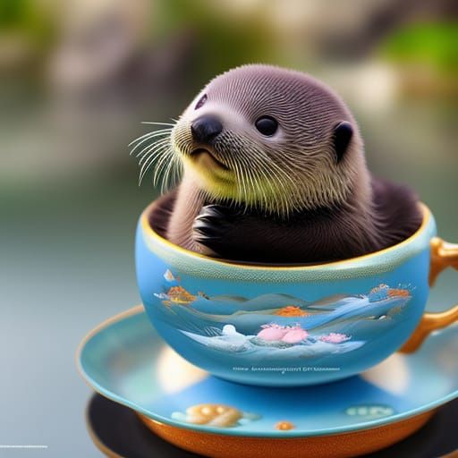 Cute Baby Sea Otter in Teacup: 3D Cartoon