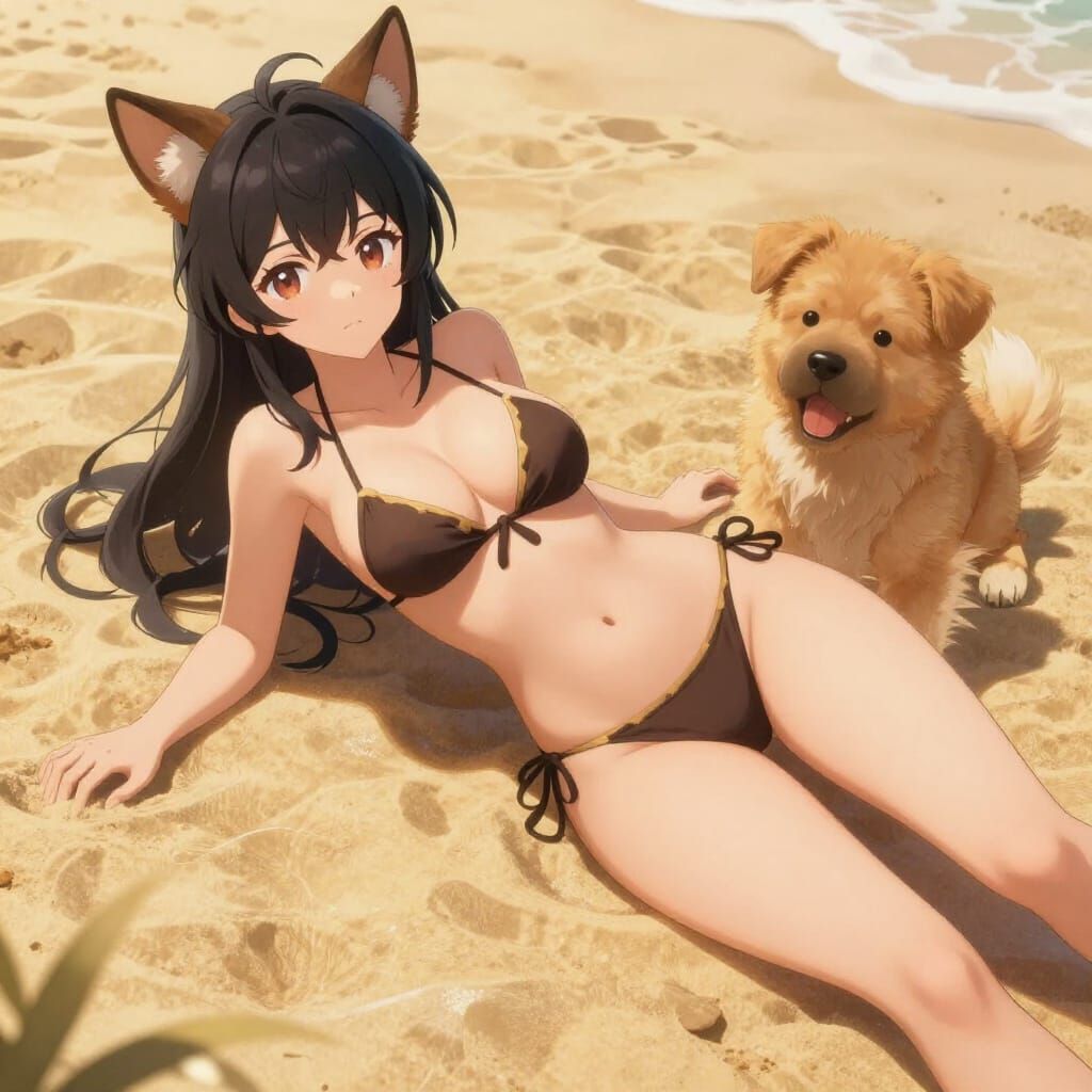 Anime Style Dog Hybrid in Bikini on Beach