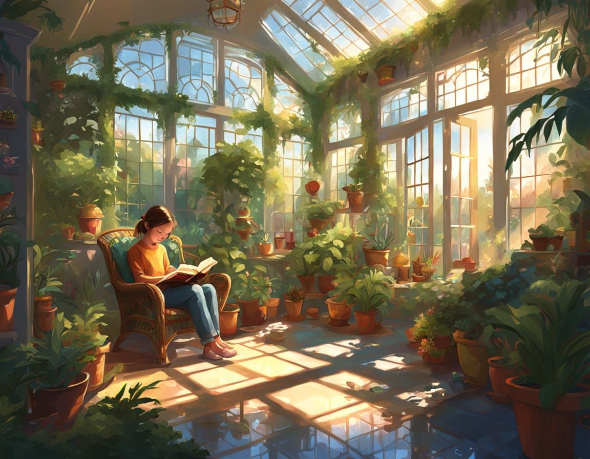 Child Reading in Lush Sunlit Solarium Concept Art