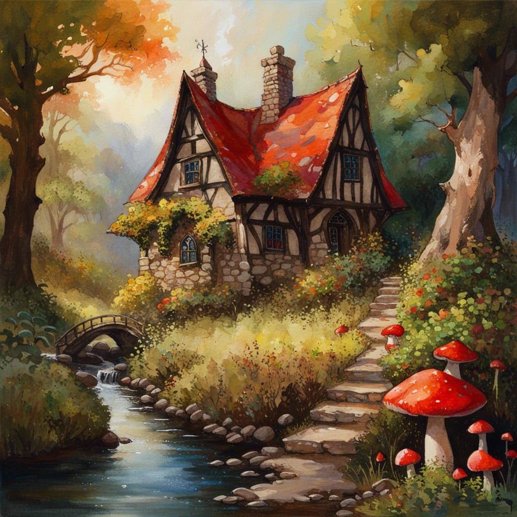 Gothic Fairytale Cottage Garden in Sunlight