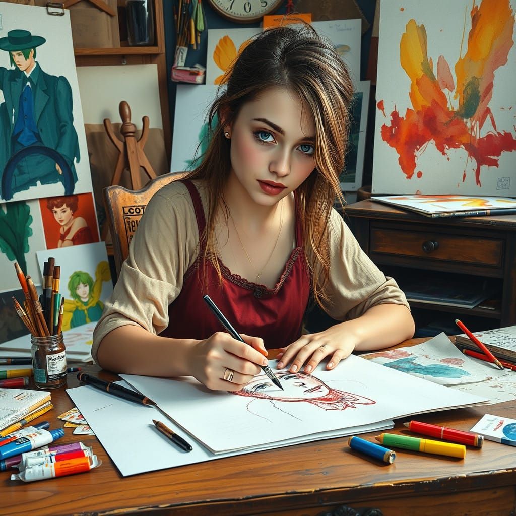 Vibrant Gouache Portrait of a Creative Belle