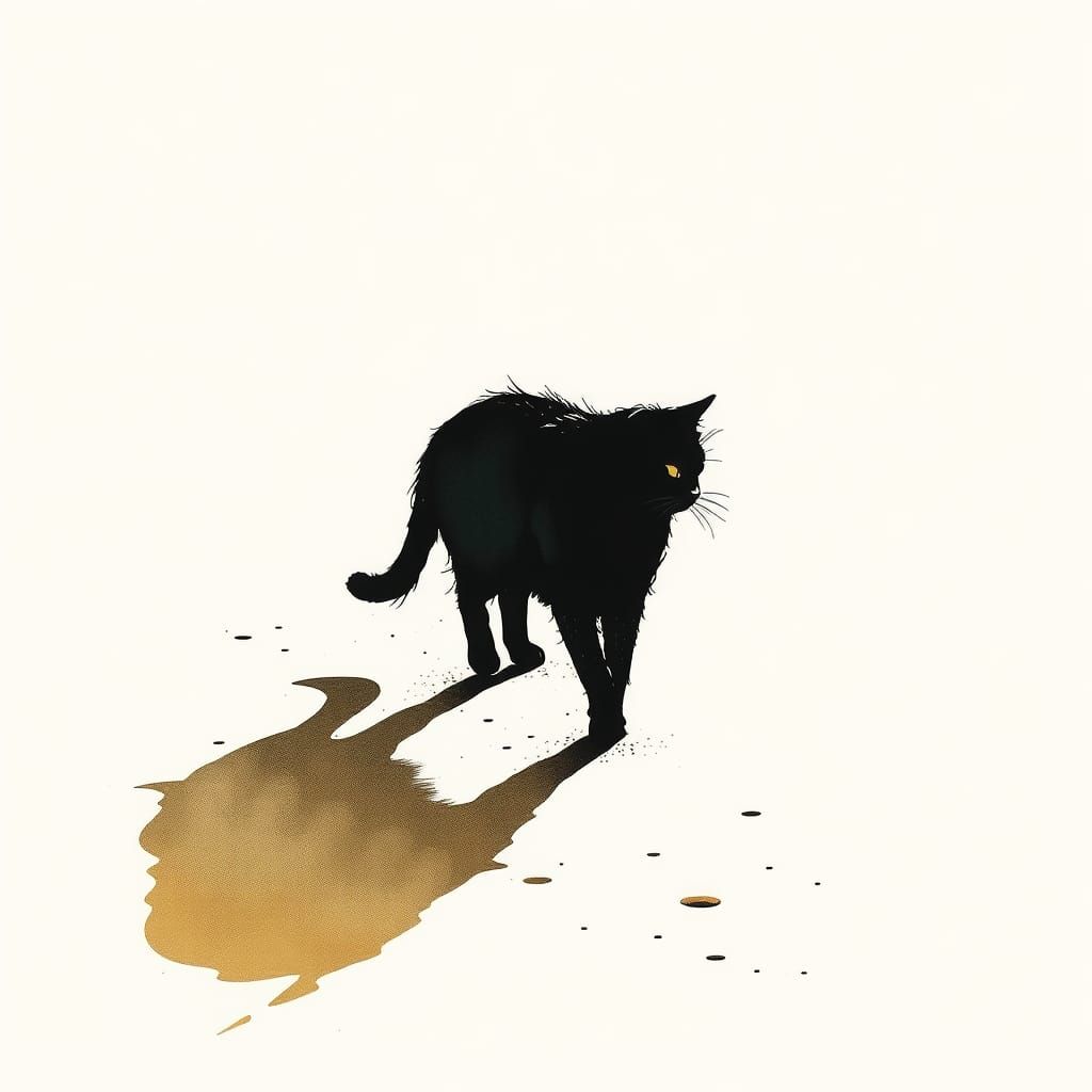 Minimalist Ink Sketch of a Black Cat on Beach