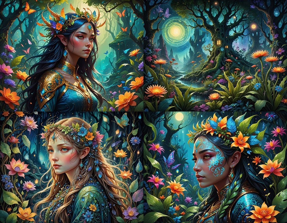 Luminous Magical Creatures and Shimmering Plants in Whimsica...