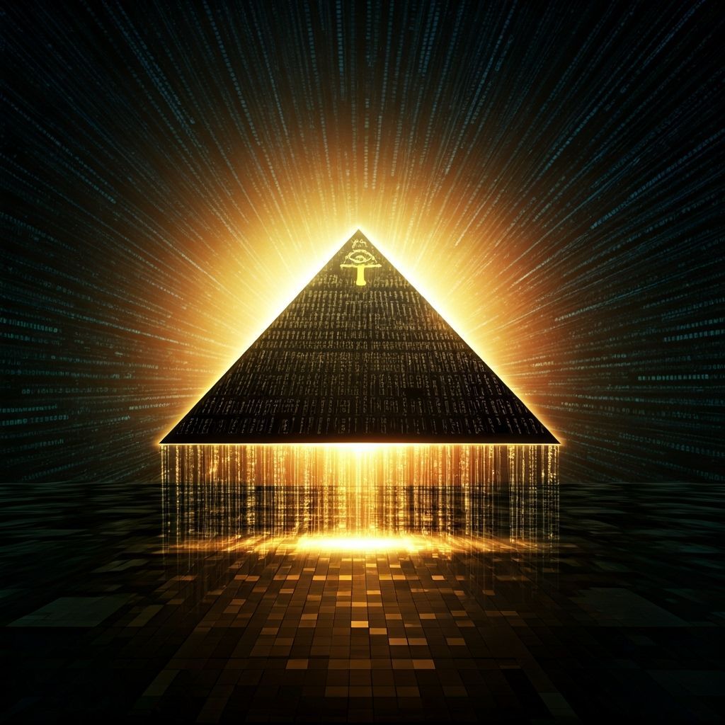 Digital Pyramid in Space with Binary Code and Neon Edges
