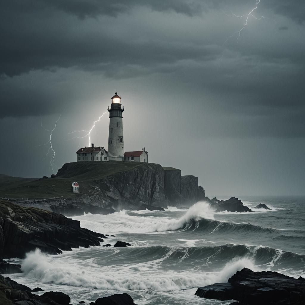 Dramatic Lighthouse Scene in Moody Film Grain Style
