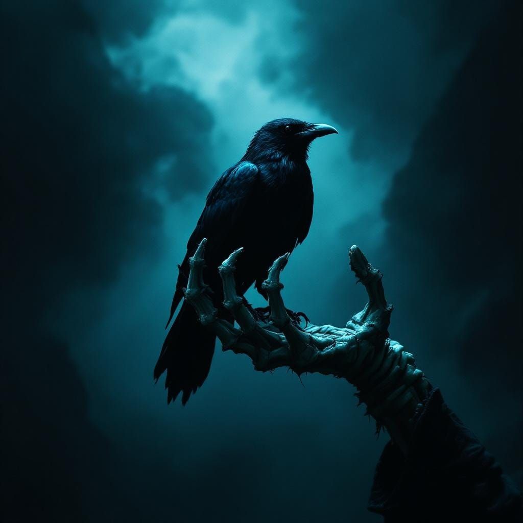 Raven Perched in Skeletal Hand with Cinematic Lighting
