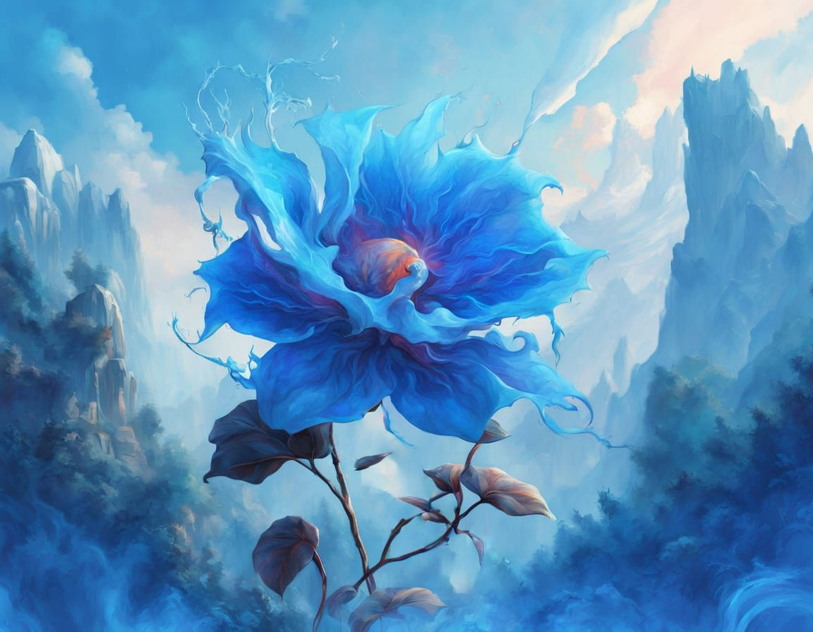 Intricate Blue Flower Fantasy Watercolor Art