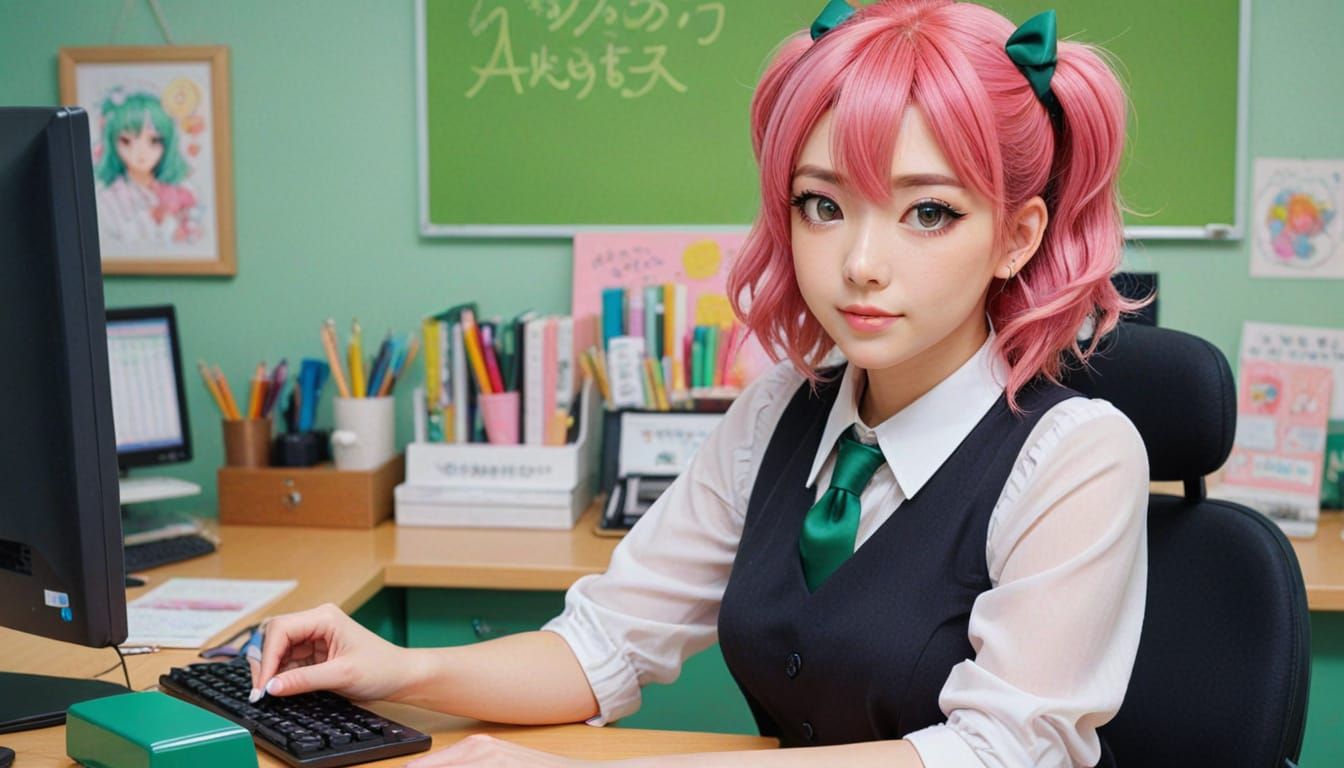 Anime Secretary with Pink Hair Clips