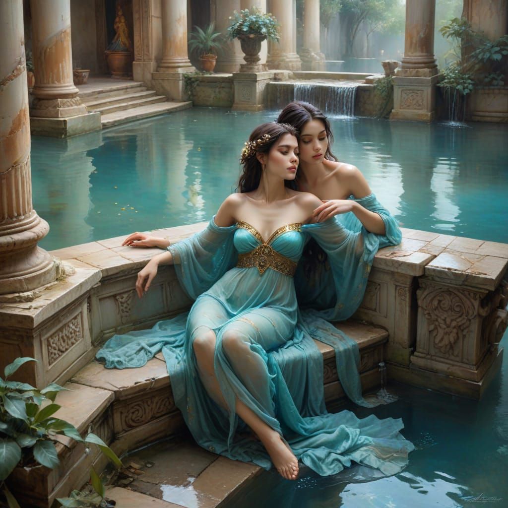 Classical Muses Share Serene Moment by Tranquil Pool
