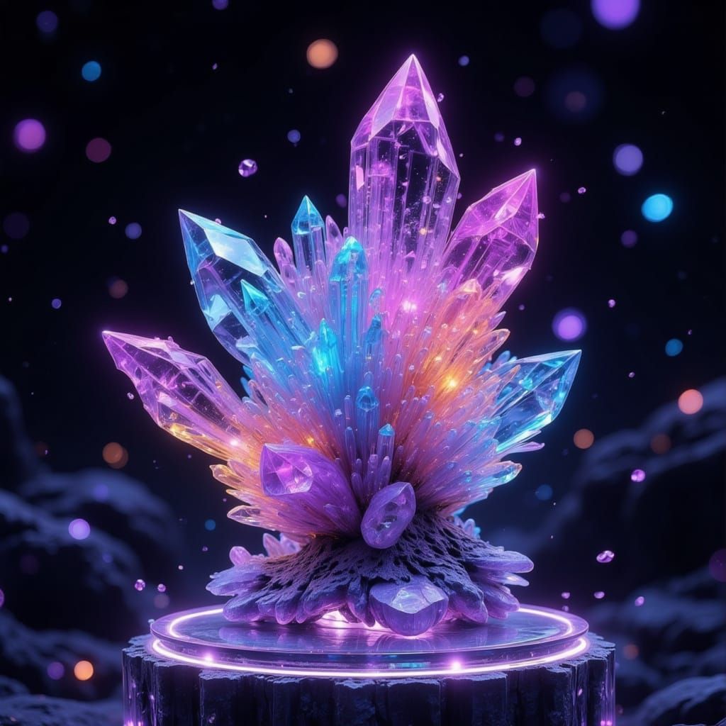 Glowing Crystal Cluster on Glass Pedestal