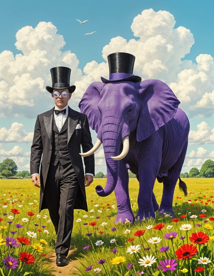 Gentleman and Purple Elephant in Sunny Meadow