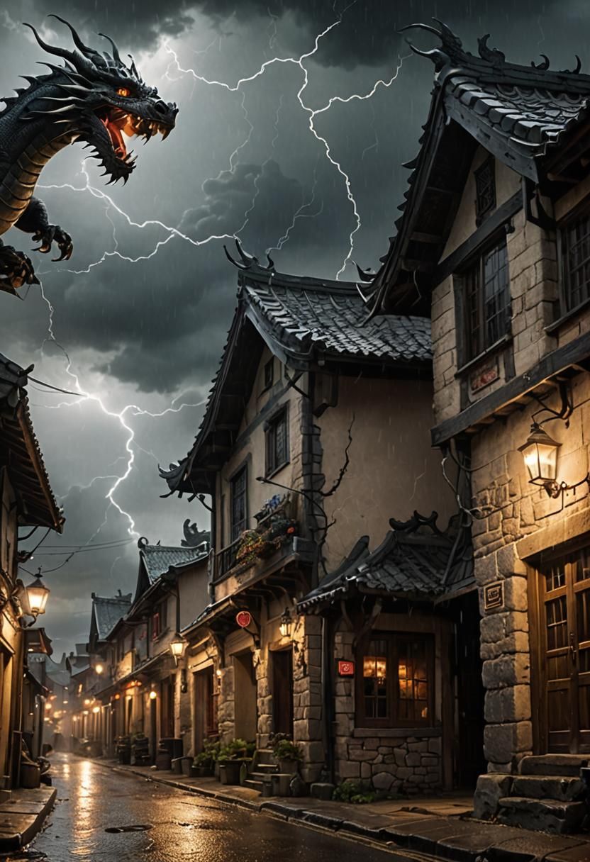 Village Street Under Storm with Dragon