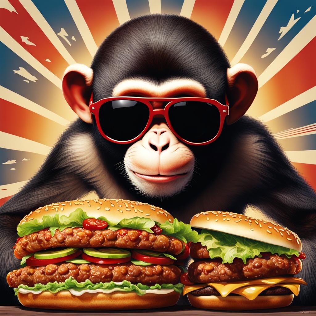 Muscular Ape Eating Burgers with Sunglasses