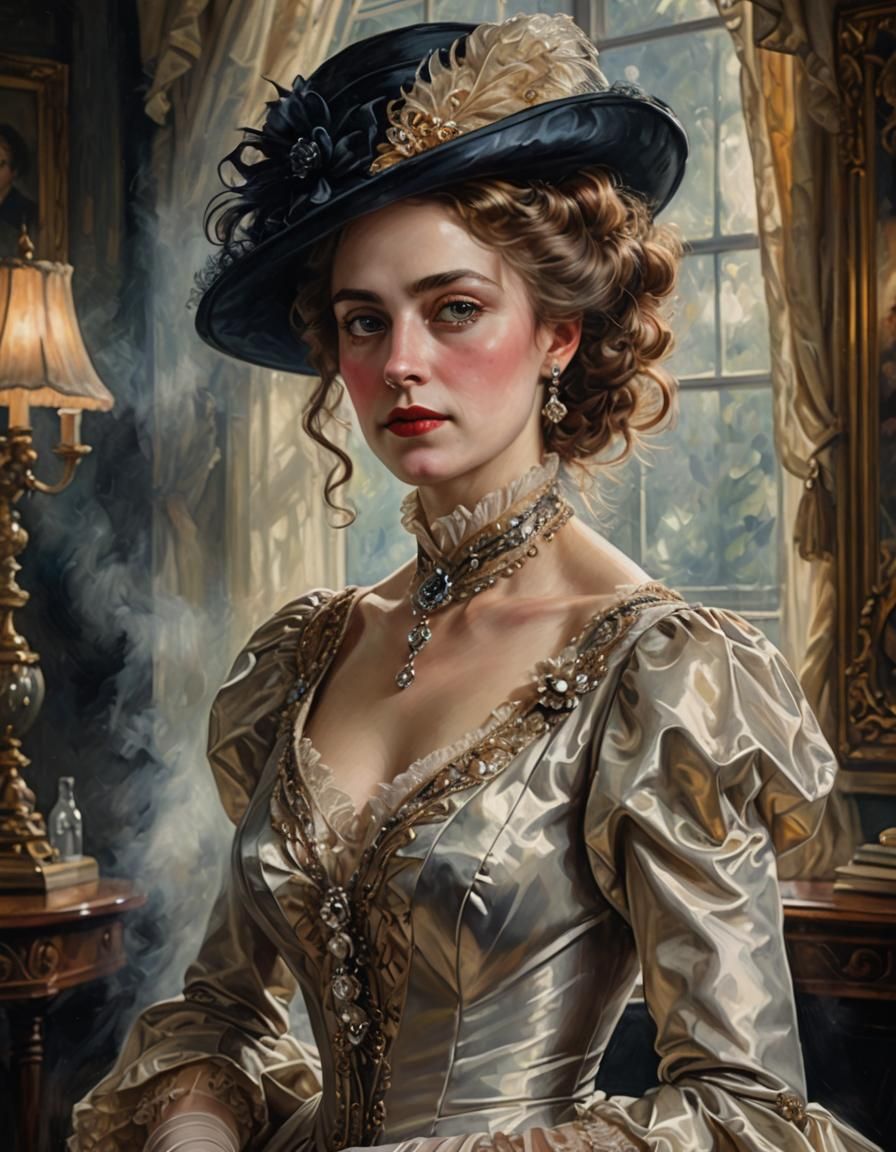 Edwardian High Society Lady in Detailed Oil Painting
